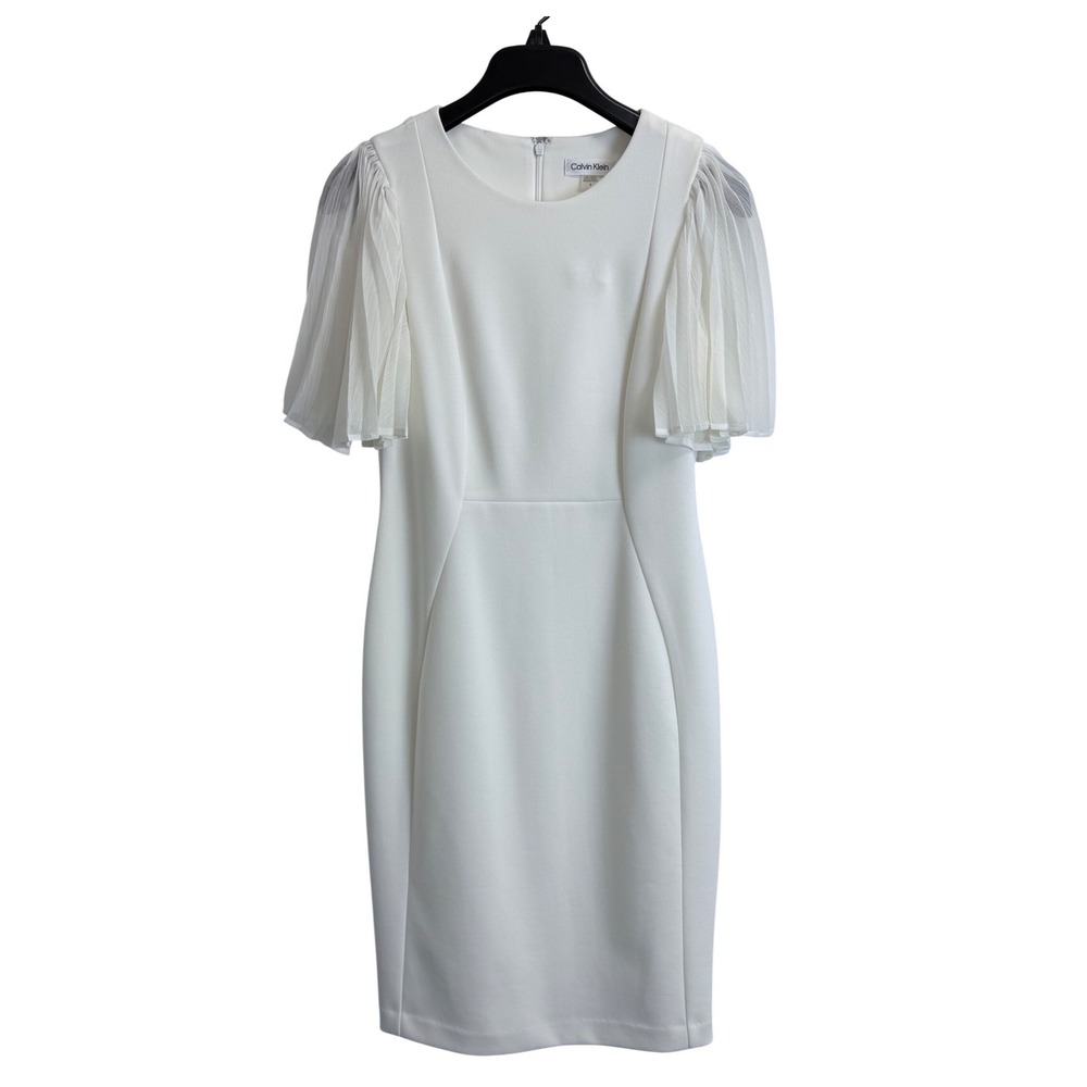 Calvin Klein White Sheath‎ Dress Pleated Chiffon Flutter Sleeve Size 6 Streth